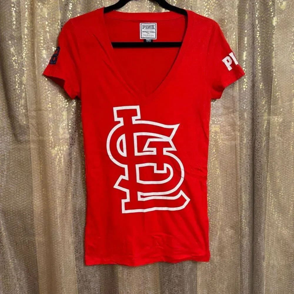 PINK Victorias Secret MLB Red St. Louis Cardinals V Neck Y2K T Shirt Small
